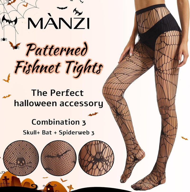 MANZI Patterned Fishnet Tights for Women 3 Pairs Pattern Fishnet Stockings Spiderweb Halloween Tights - Image 2